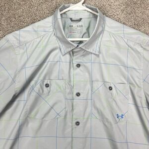 Under Armour HeatGear XL‎ Button Up Gray Blue Plaid Vented Shirt Long Sleeve